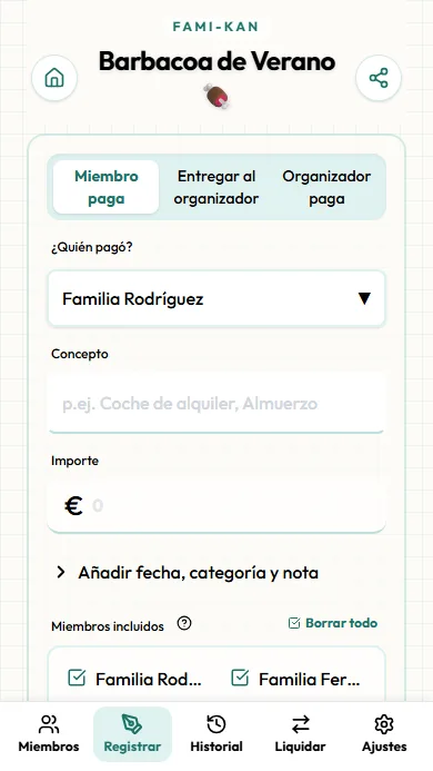 Pantalla de registro de gastos