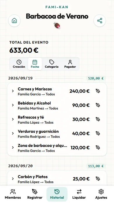Pantalla del historial de gastos