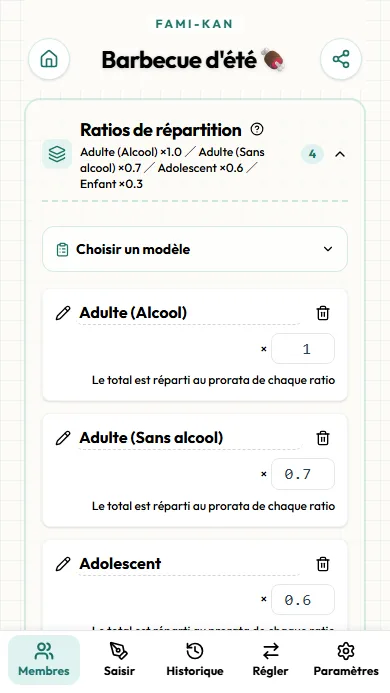 Écran de sélection du modèle de répartition