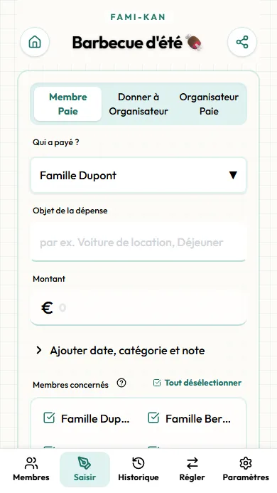 Écran de saisie des dépenses