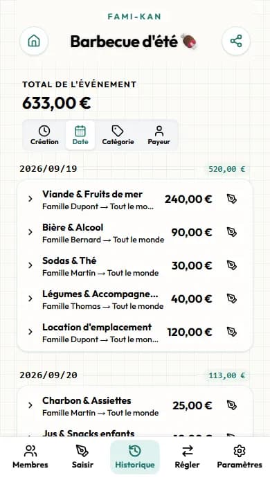 Écran de l'historique des dépenses