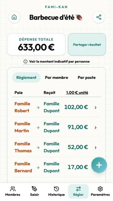 Écran des résultats du règlement