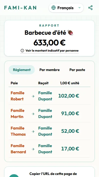 Écran du rapport de règlement partagé