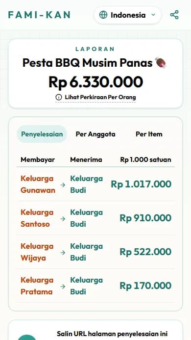 Layar laporan penyelesaian yang dibagikan