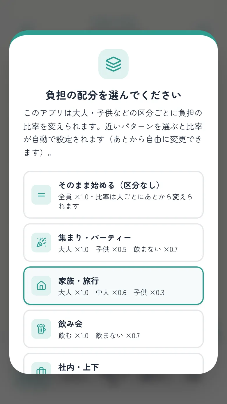 配分パターンの選択画面