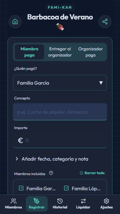 Pantalla de registro de gastos