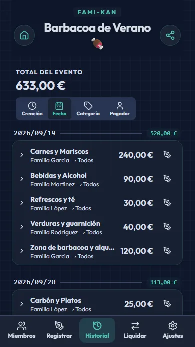 Pantalla del historial de gastos