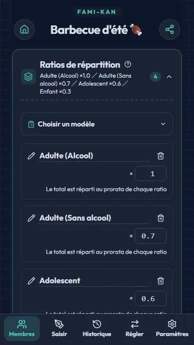 Écran de sélection du modèle de répartition