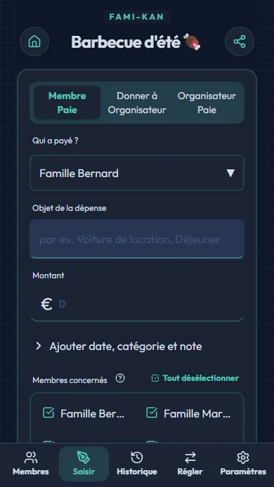 Écran de saisie des dépenses