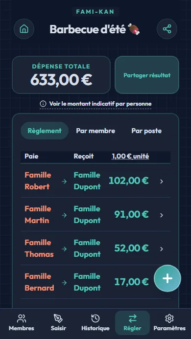 Écran des résultats du règlement