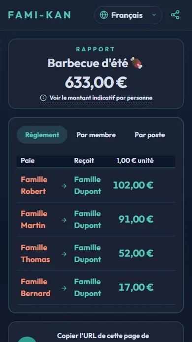 Écran du rapport de règlement partagé
