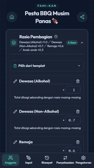 Layar pemilihan pola pembagian