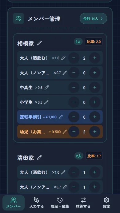 区分ごとの人数設定画面
