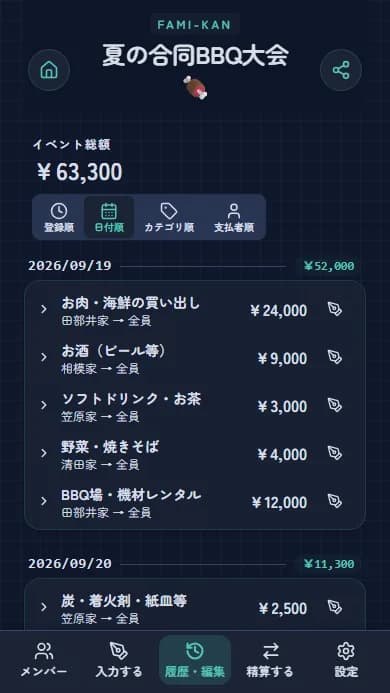 支払い履歴の一覧画面