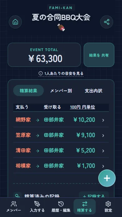 精算結果の画面