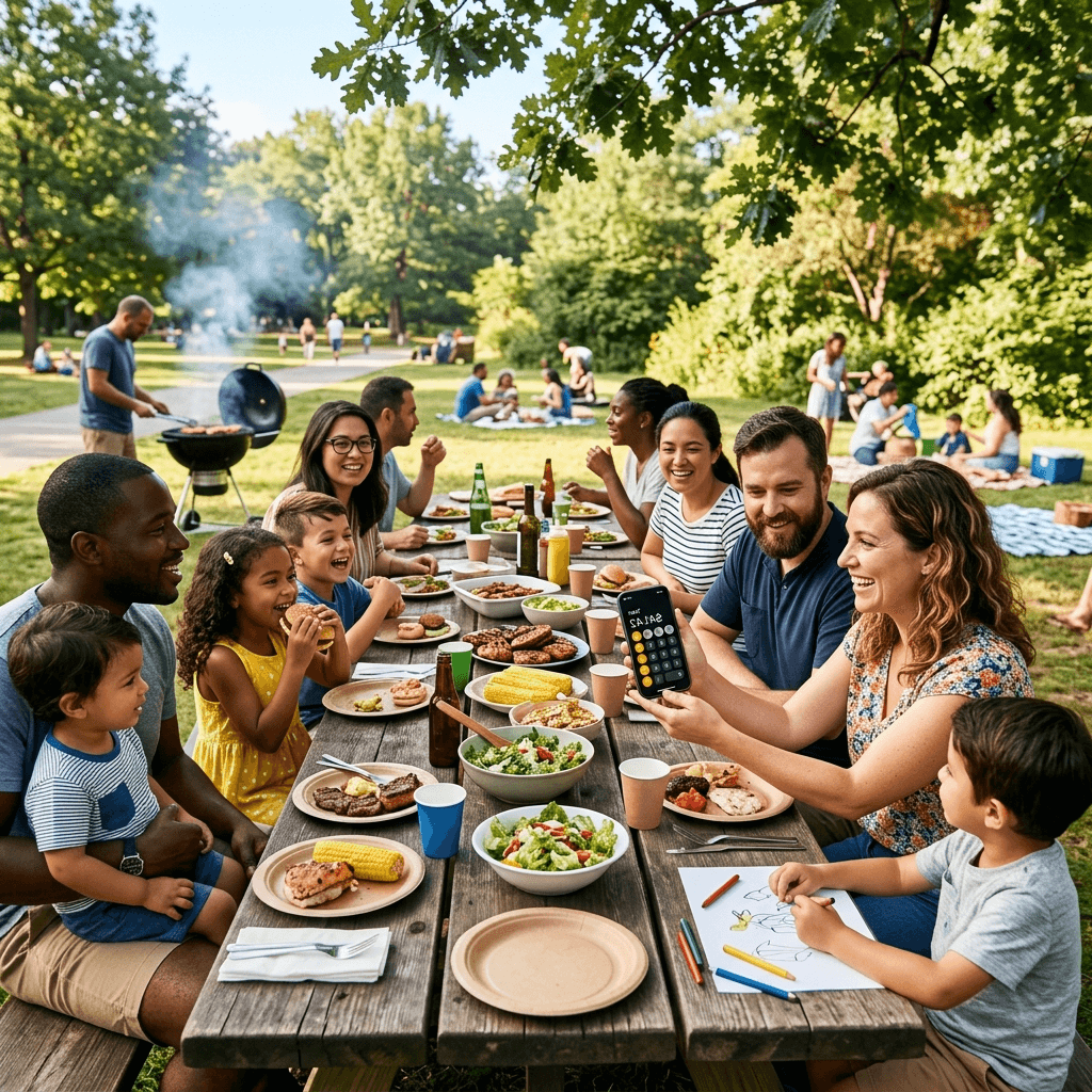 Families at BBQ splitting expenses