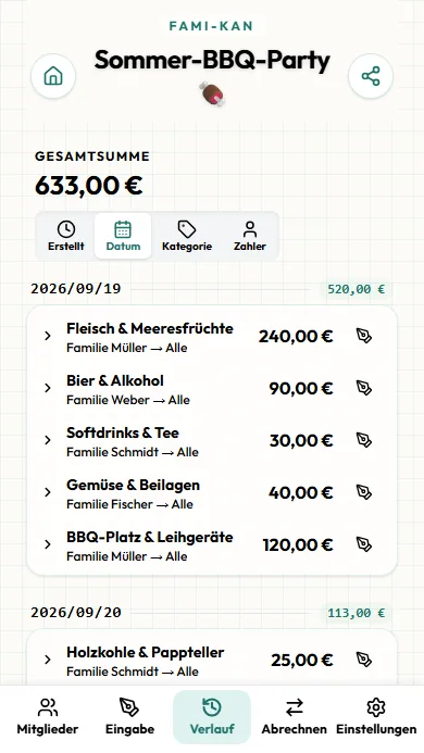 Bildschirm des Ausgabenverlaufs