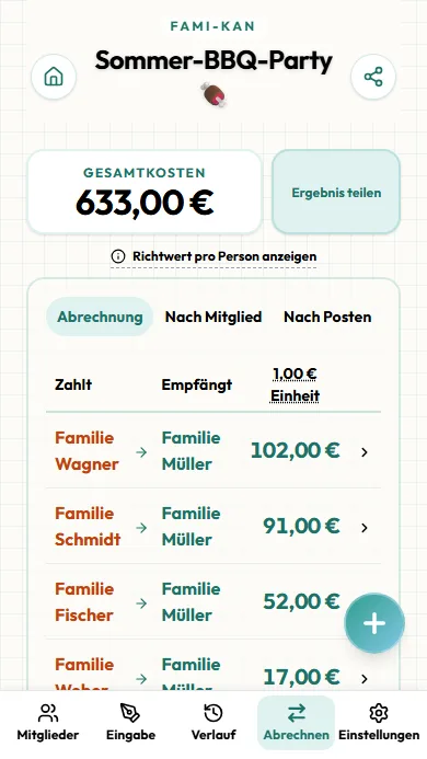 Bildschirm der Abrechnungsergebnisse