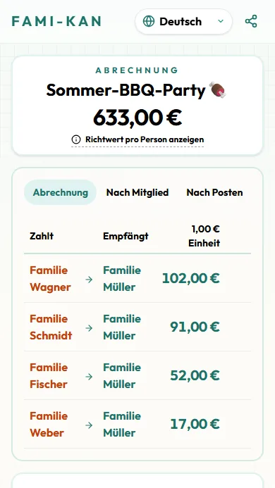 Bildschirm des geteilten Abrechnungsberichts