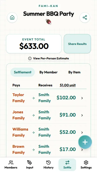 Settlement results screen