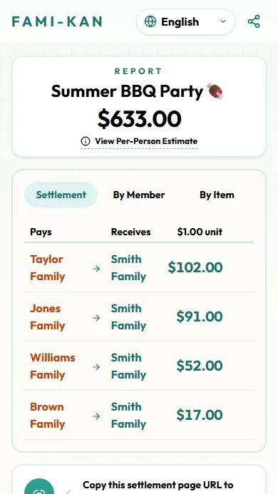 Shared settlement report screen