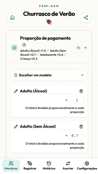 Tela de seleção do padrão de divisão