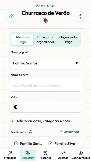 Tela de registro de despesas