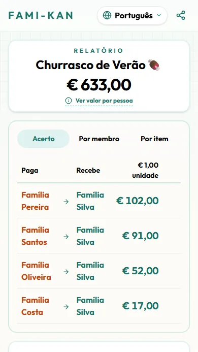 Tela do relatório de acerto compartilhado