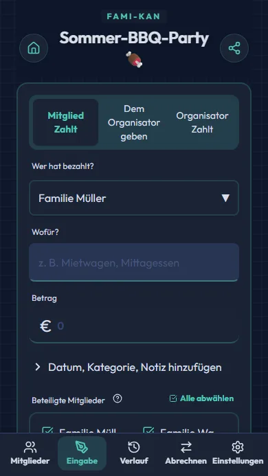 Bildschirm zur Ausgabenerfassung
