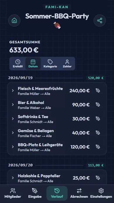 Bildschirm des Ausgabenverlaufs