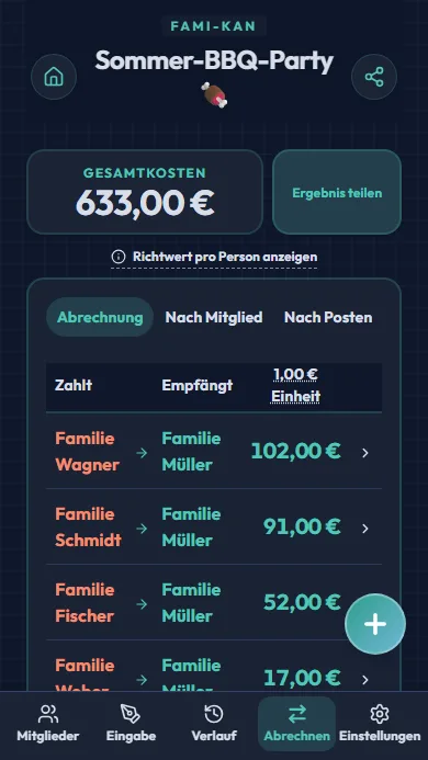 Bildschirm der Abrechnungsergebnisse