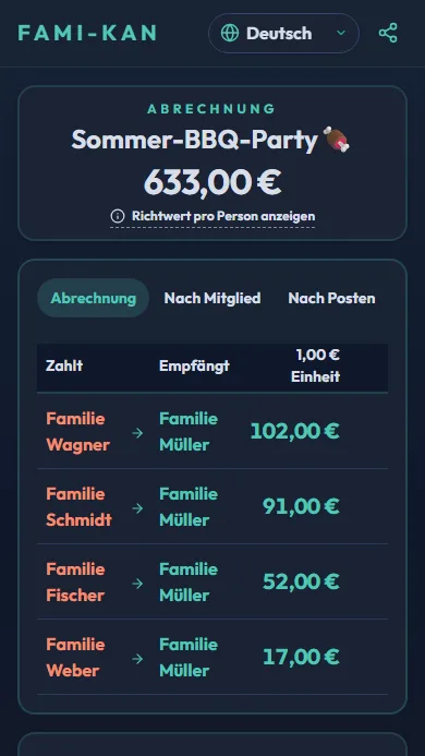 Bildschirm des geteilten Abrechnungsberichts