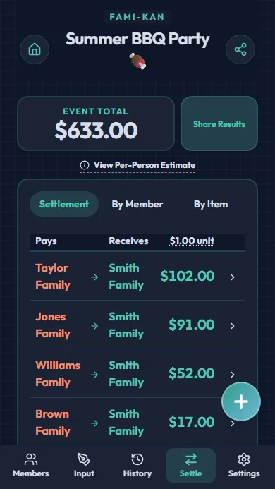 Settlement results screen
