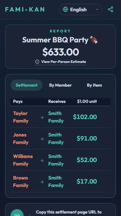 Shared settlement report screen