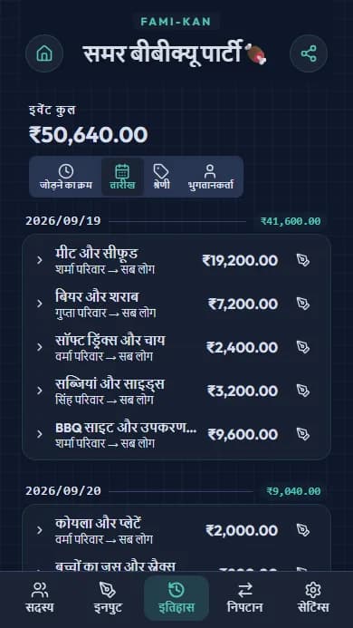 खर्च इतिहास की स्क्रीन