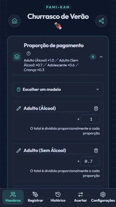 Tela de seleção do padrão de divisão
