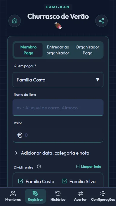Tela de registro de despesas