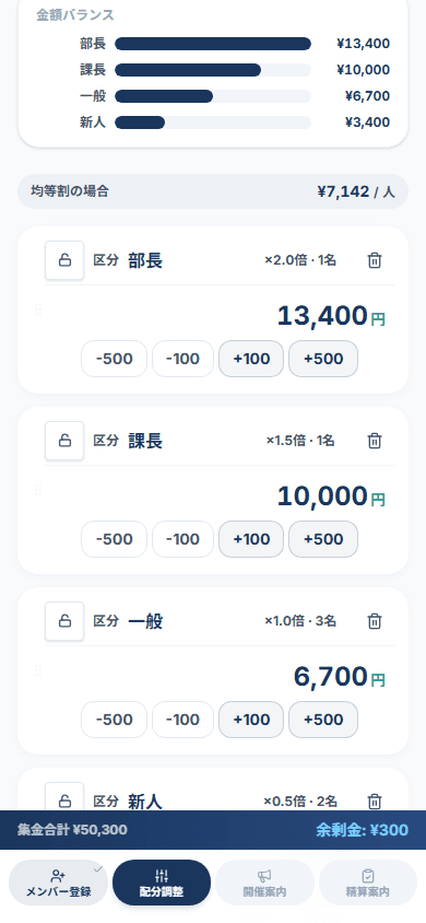 金額の微調整とロック機能